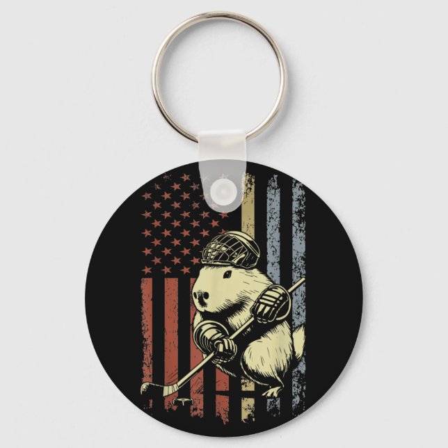 Capybara Play Hockey American Flagga Capybara Hoc Nyckelring (Framsida)