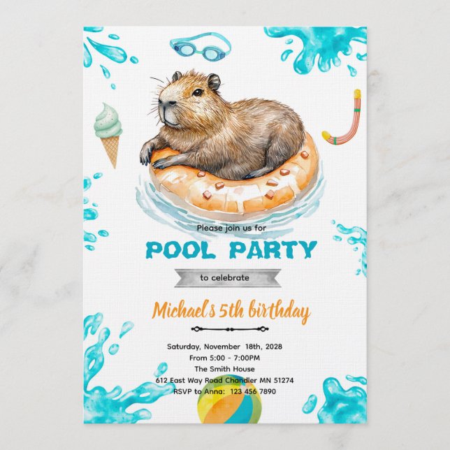 Capybara Pool Party Birthday Invitation Inbjudningar (Framsida)