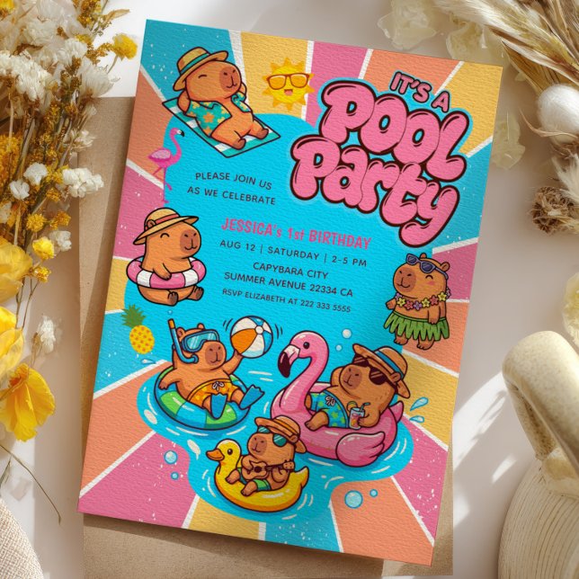 Capybara Poolparty Färgglada Solstrålar 1-årsfiran Inbjudningar (Skapare uppladdad)
