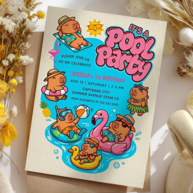 Capybara Poolparty Lysande Sommar 1-års Födelsedag Inbjudningar (Skapare uppladdad)