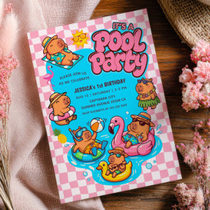 Capybara Poolparty Rutigt Rosa 1-års Födelsedag Inbjudningar
