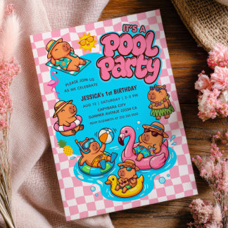 Capybara Poolparty Rutigt Rosa 1-års Födelsedag Inbjudningar