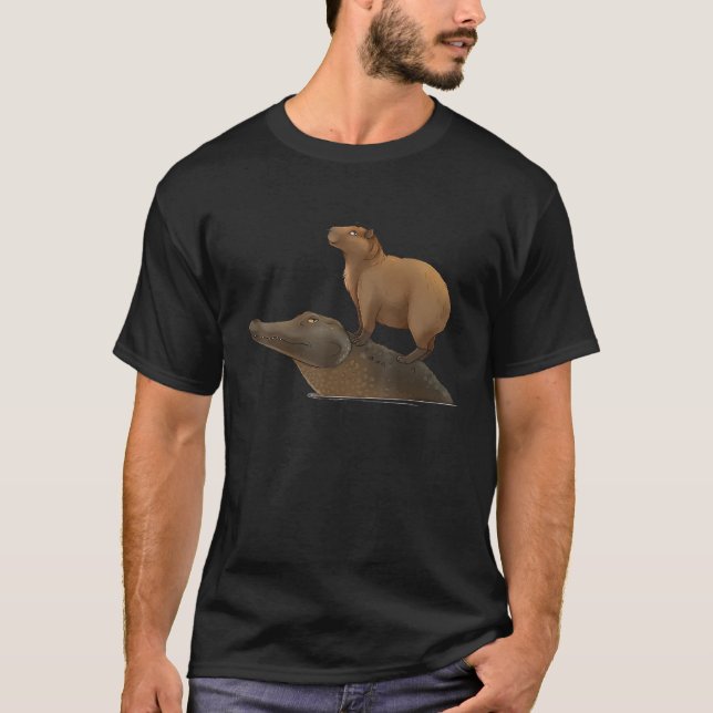 Capybara Riding Crocodile Great Friends  Capybara  T Shirt (Framsida)