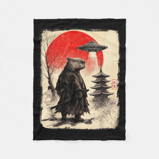 Capybara Samurai Retro Ufo Japanese Warrior Tenshu Fleecefilt (Framsidan)