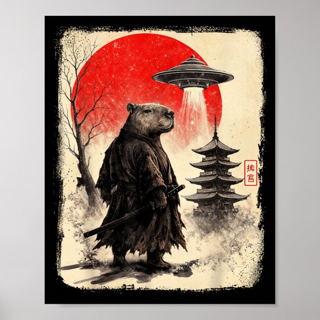 Capybara Samurai Retro Ufo Japanese Warrior Tenshu Poster (Framsidan)