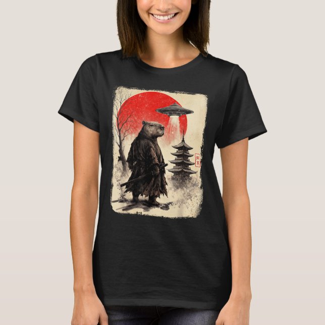 Capybara Samurai Retro Ufo Japanese Warrior Tenshu T Shirt (Framsida)