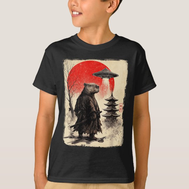 Capybara Samurai Retro Ufo Japanese Warrior Tenshu T Shirt (Framsida)