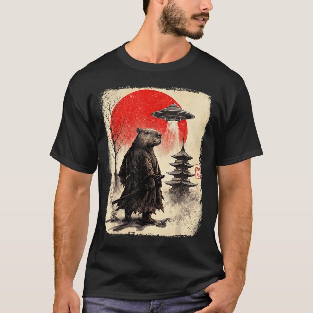 Capybara Samurai Retro Ufo Japanese Warrior Tenshu T Shirt (Framsida)