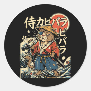 Capybara Samuraj Katt Japansk Estetik Ukiyo-e Runt Klistermärke