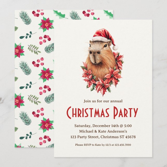 Capybara Santa Hat Poinsettias jul Party Inbjudningar (Fram/baksida)