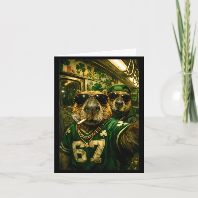 Capybara selfie st. patricks dag hip hop gangster kort (Framsida)