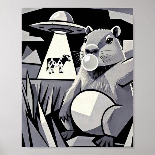 Capybara Selfie UFO Cow Abduction Cubist Art Poster (Framsidan)