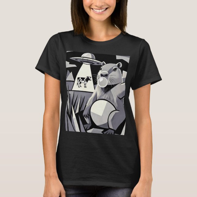Capybara Selfie UFO Cow Abduction Cubist Art T Shirt (Framsida)
