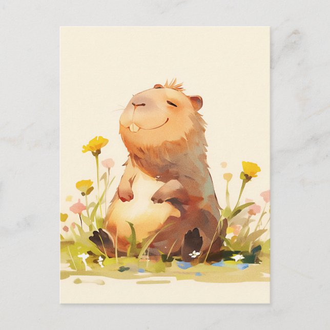 Capybara Sitting in Yellow Wildflower Garden Vykort (Framsida)