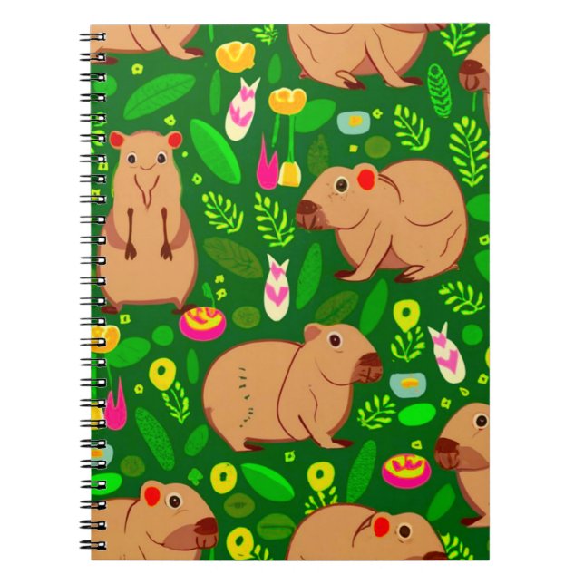 Capybara Sketch med Vår blommor på Grönt Anteckningsbok (Framsidan)