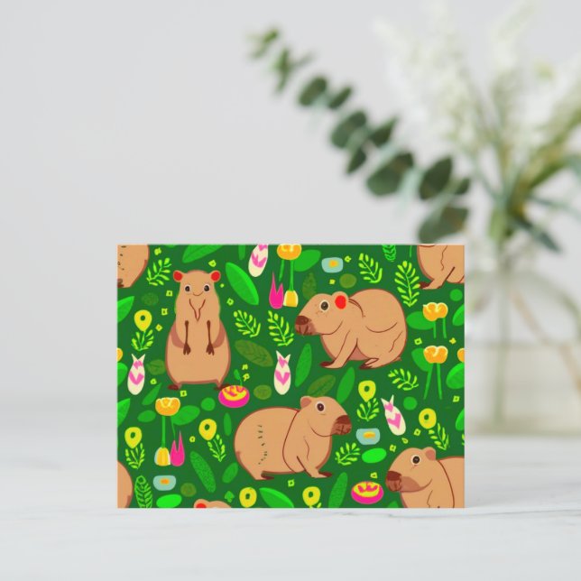 Capybara Sketch med Vår blommor på Grönt Vykort (Stående Fram)