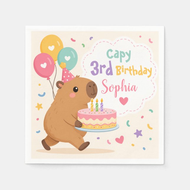 Capybara Söt Flickas Capy 3-årsdag Rosa Tårta  Pappersservett (Framsidan)