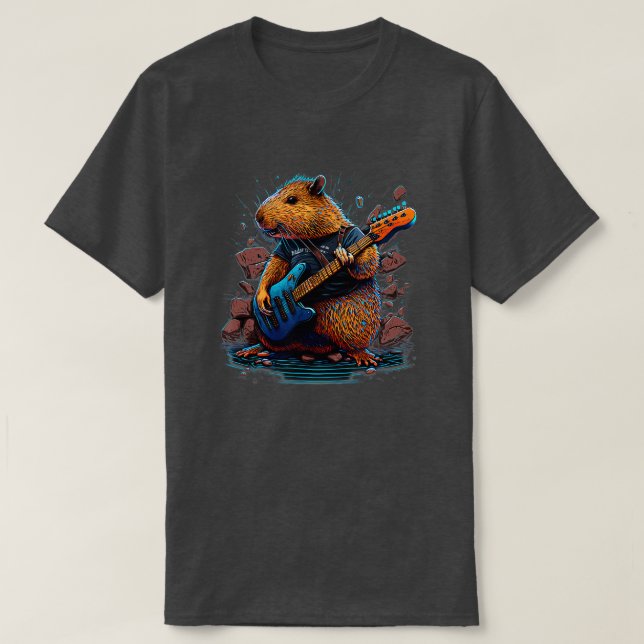 Capybara spelar Electric Guitar Sten 4 T Shirt (Design framsida)