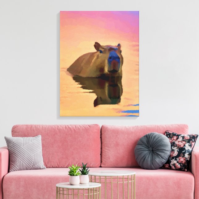 Capybara Swimming i Sjö Canvastryck (Insitu (Vardagsrum))