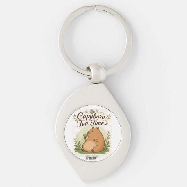 Capybara Tekatid | Söt Capybara som dricker te Kul Swirl Silverfärgad Nyckelring (Framsidan)