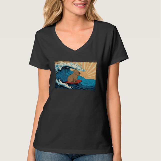 Capybara Wave  Capibara Surfboard Surfer T Shirt (Framsida)