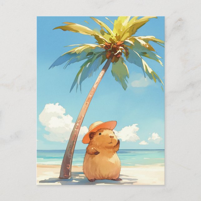 Capybara Wearing Sun Hat on Tropical Summer Beach Vykort (Framsida)