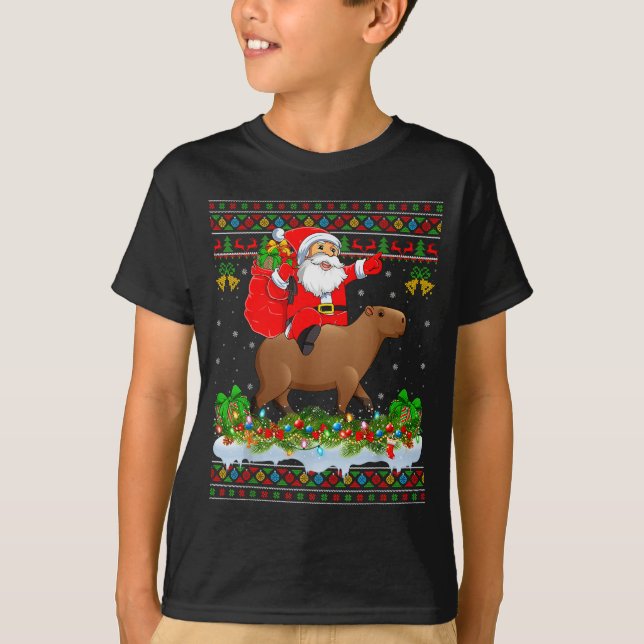 Capybara Xmas Pajamas Ugly Santa Riding Capybara C T Shirt (Framsida)