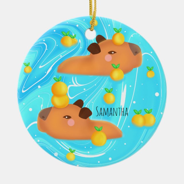 Capybaras i Vatten med Orangar Julgransprydnad Keramik (Framsidan)