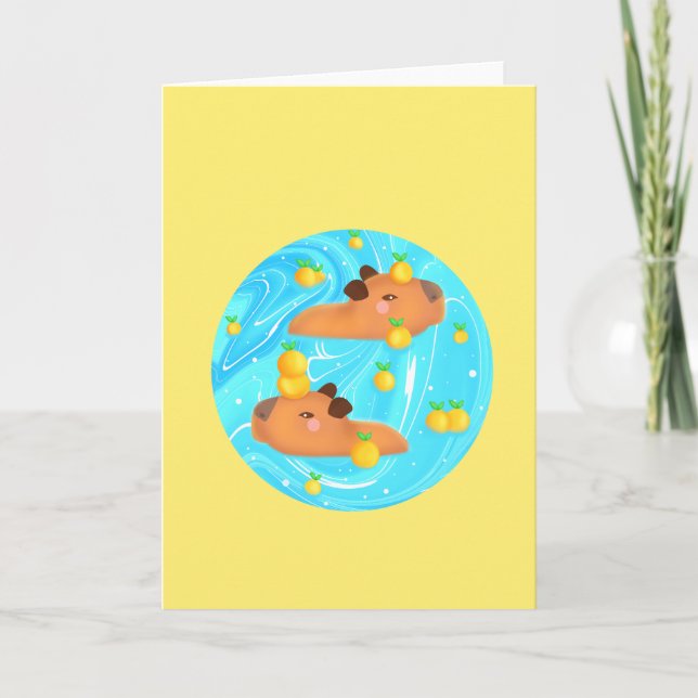 Capybaras i Vatten med Orangar Kort (Framsida)