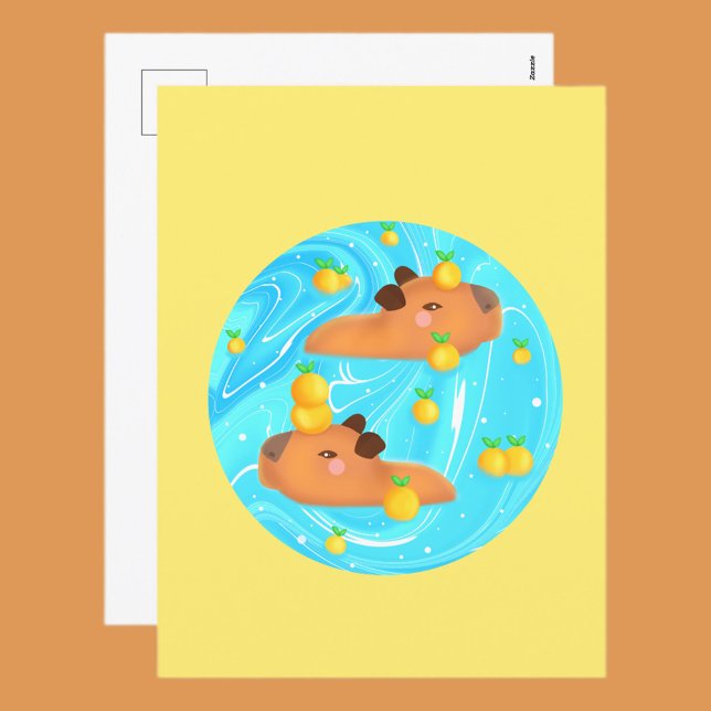 Capybaras i Vatten med Orangar Vykort (Skapare uppladdad)