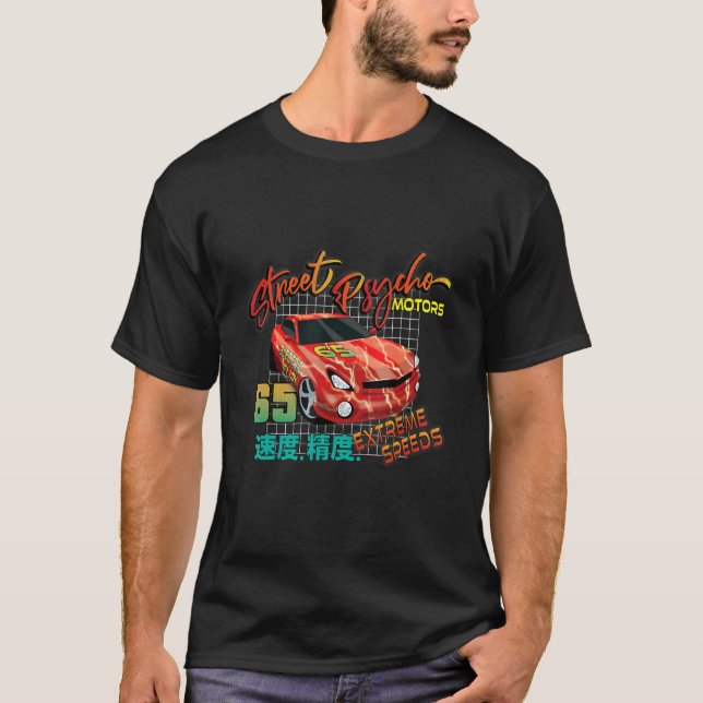 Car Fanatic Red Lightning 64 Street Psycho Motors T Shirt (Framsida)