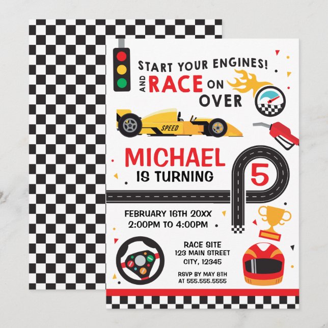 Car Racing  Birthday kid Invitation Inbjudningar (Fram/baksida)