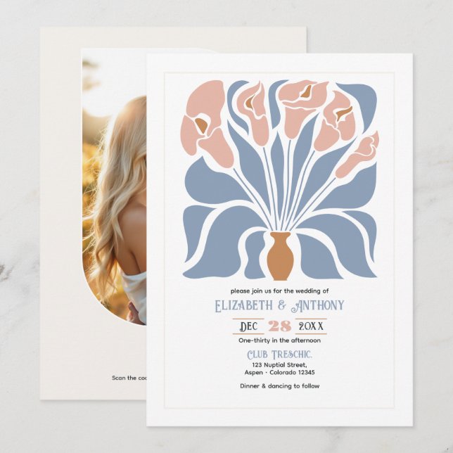 Caramel & Dusty Blue Abstract Floral Boho Wedding Inbjudningar (Fram/baksida)