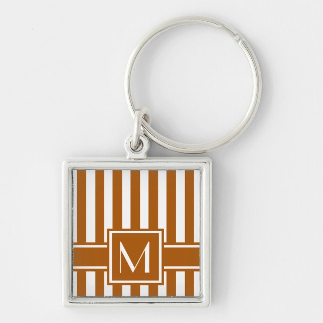 Caramel Modern Rand med Monogram Fyrkantig Silverfärgad Nyckelring (Framsidan)