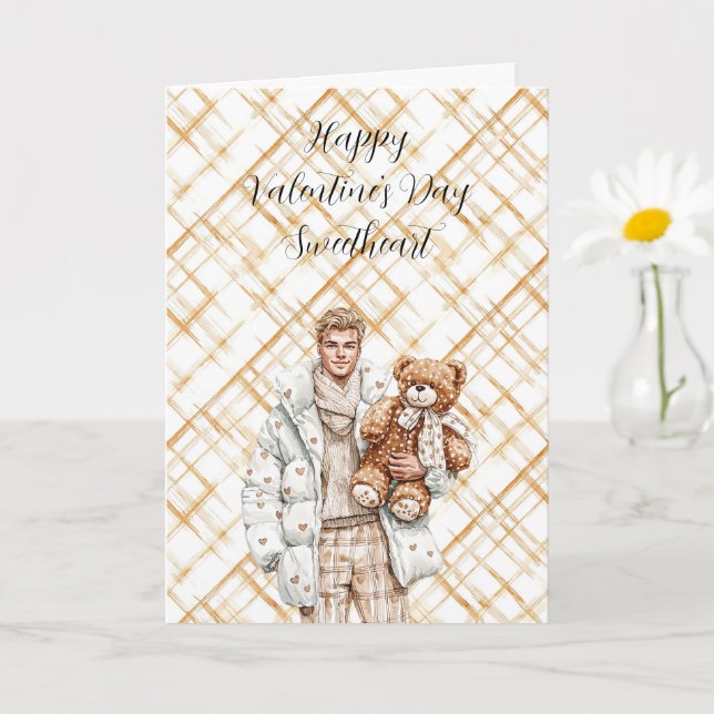 Caramel Valentine's Day Man Teddy Bear Kort (Liten växt)