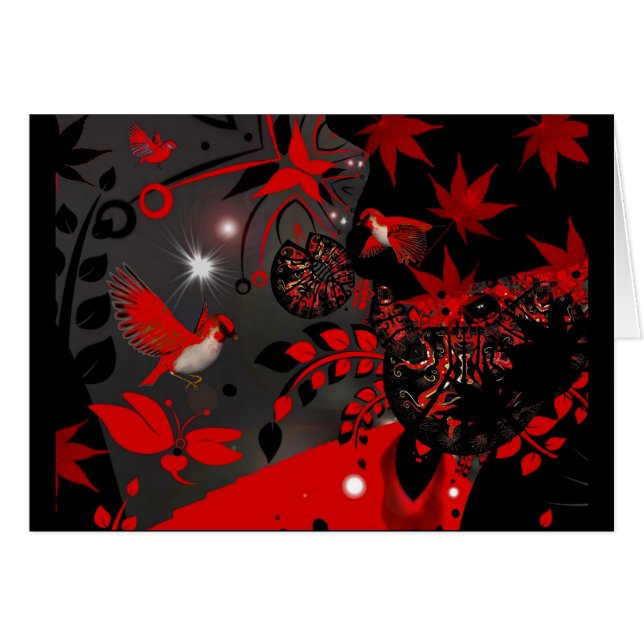 Card Asian Red Birds Hälsningskort (Framsidan Horizontal)