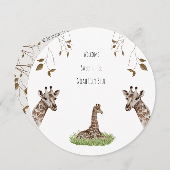 Card (Circle) - Birth Announcement Giraffe Inbjudningar (Fram/baksida)