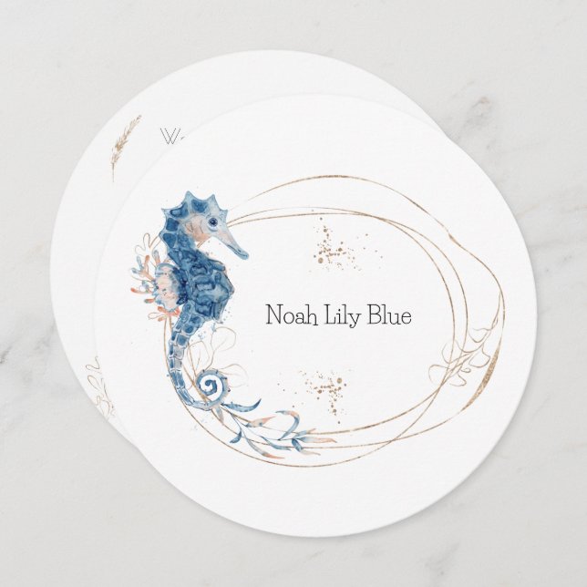 Card (Circle) - Birth Announcement Ocean Kaart Inbjudningar (Fram/baksida)