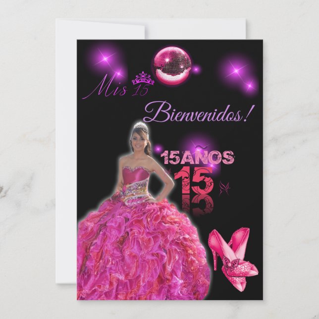 card of 15 black with fuxia bienvenidos inbjudningar (Framsida)