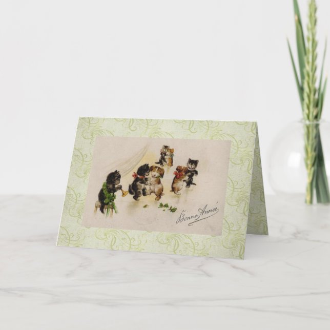 Card-Vintage jul Cats Hundar Dancing Helgkort (Framsida)