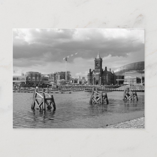 Cardiff Bay, Cardiff, Wales - Black and White Vykort (Framsida)