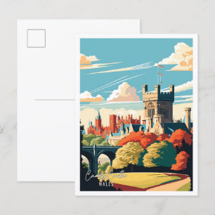Cardiff slott Wales vintage reseskildring illustra Vykort