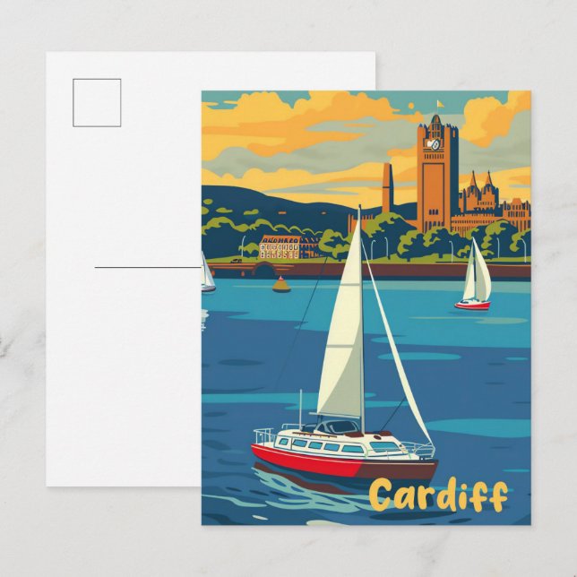 Cardiff Wales Vintage Retro Travel Illustration Vykort (Fram/baksida)