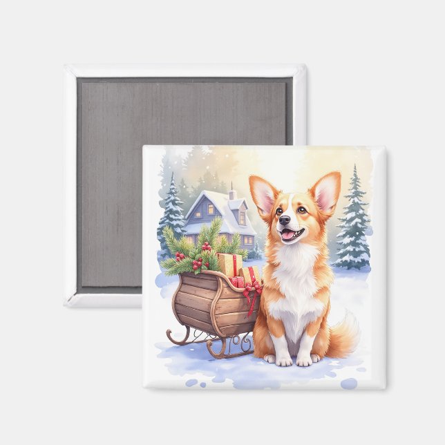 Cardigan Welsh Corgi Festive Släd Jul Konst Magnet (Front/Back)