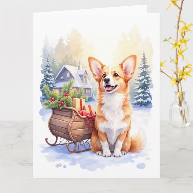 Cardigan Welsh Corgi Festive Sleigh Christmas Art Kort (Gul blomma)