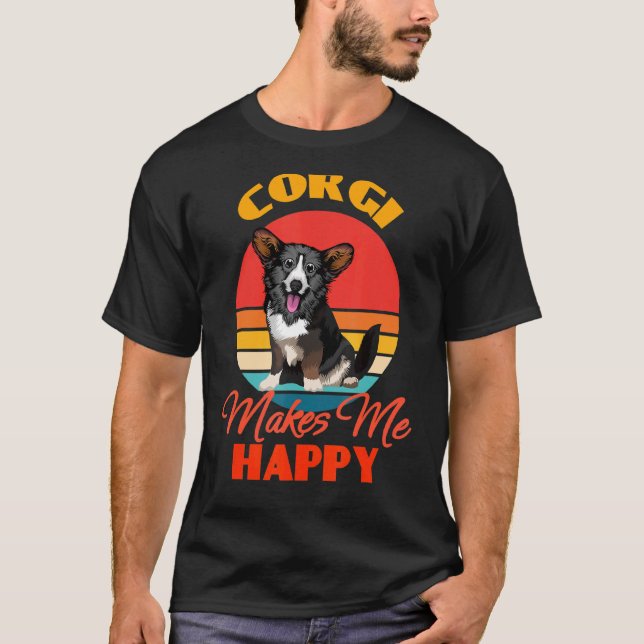 Cardigan Welsh Corgi Gör Mig Glad Hund Retro T Shirt (Framsida)