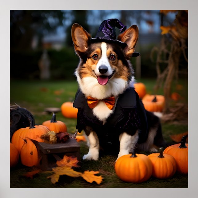 Cardigan Welsh Corgi Hund i Halloween fest Poster (Framsidan)