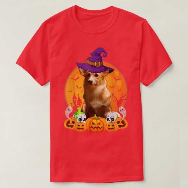 Cardigan Welsh Corgi Witch Pumpkin Halloween Hund  T Shirt (Design framsida)