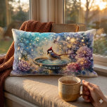 Cardinal at Birdbath Dreamy Garden Ar Lumbarkudde<br><div class="desc">This whimsical garden illustration captures a peaceful moment in nature—a vibrant cardinal perched in a birdbath, surrounded by blooming flowers, soft watercolor foliage, and glowing specks of light that feel like fireflies drifting through a twilight garden. The gentle ripples in the water and the delicate bird in flight nearby create...</div>