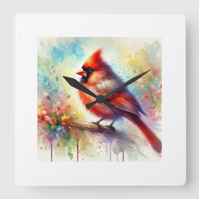 Cardinal Bird 091024AREF149 - Watercolor Fyrkantig Klocka (Framsida)